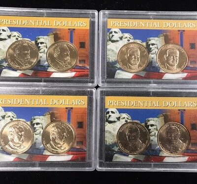 Lot Of 4 2 Piece Presidential Dollars In Hard Plastic Holders. 8 Coins Total