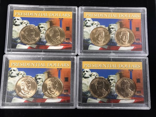 Lot Of 4 2 Piece Presidential Dollars In Hard Plastic Holders. 8 Coins Total