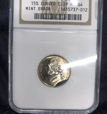 1996 P JEFFERSON NICKEL 5C NGC MS 64 - MINT ERROR 15 % CURVED CLIP.
