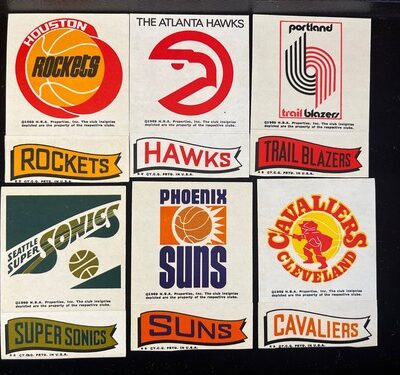 1969 Topps Basketball Sticker Lot (6) Rockets,Hawks,Suns, Trailblazers, And More