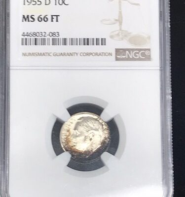 1955-D NGC MS66FT ROOSEVELT DIME. Toning