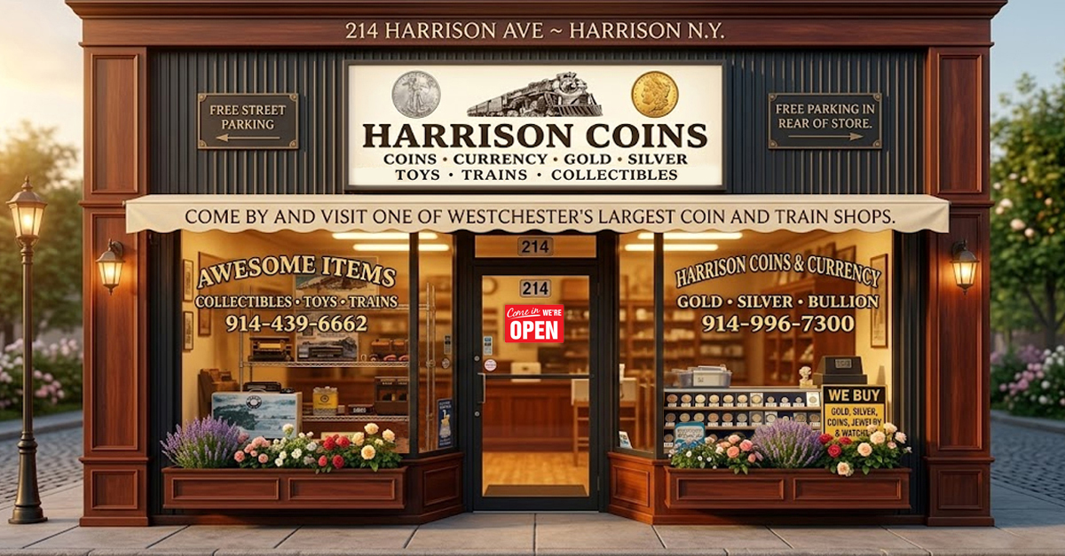 Harrison Coins storefront at 214 Harrison Avenue, Harrison, New York