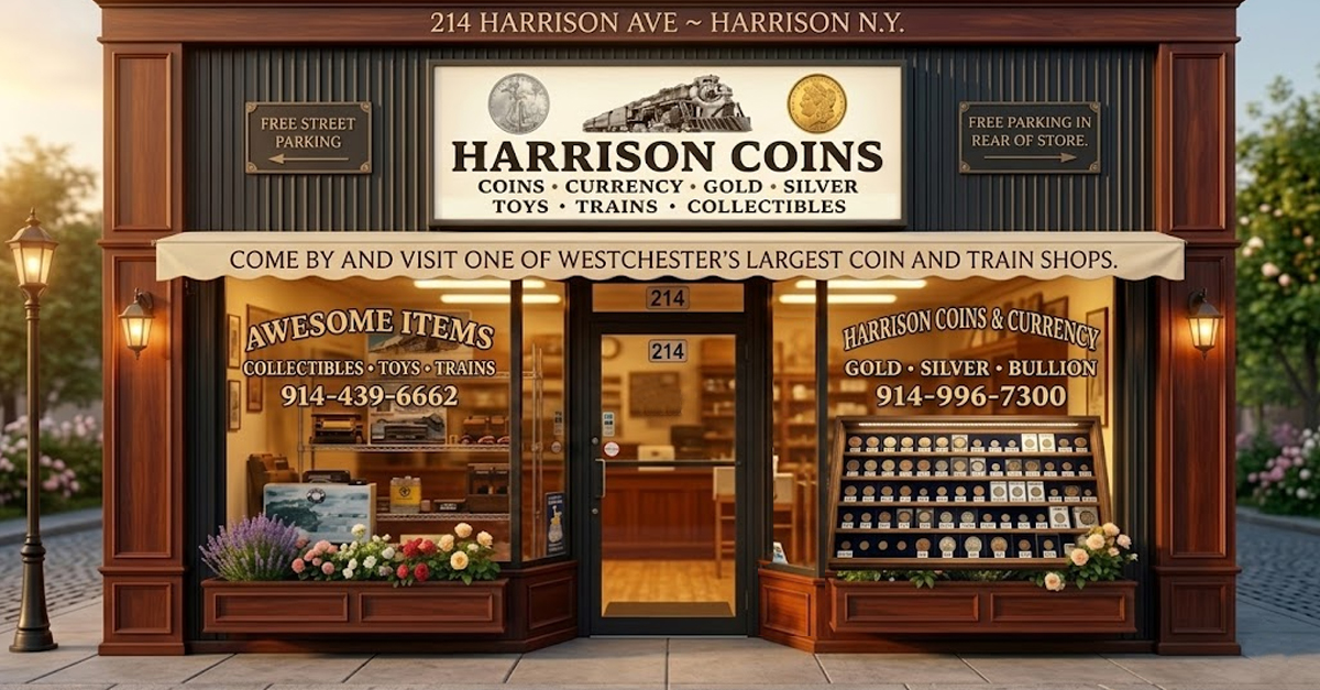 Harrison Coins storefront at 214 Harrison Avenue, Harrison, New York